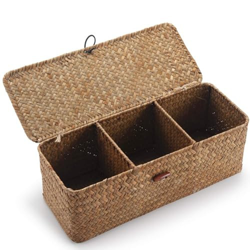 Seagrass Storage Basket for Bathroom - Wicker Toilet Tank Basket with Lid - Woven Narrow Organizer (16.5" x 5.5" x 5.5") | Amazon (US)