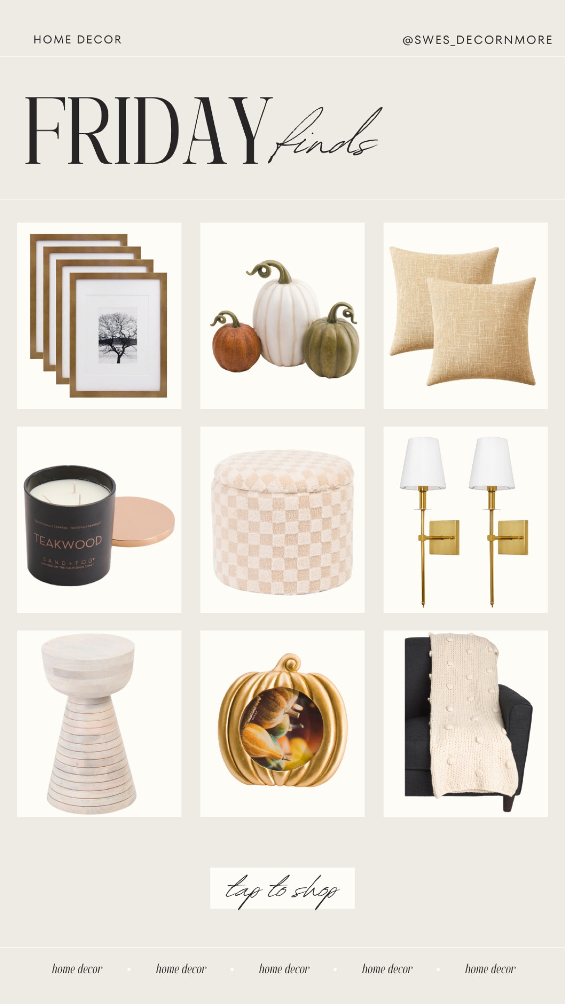 Here is a round up of some Friday finds for you all! Home decor perfect for the fall season! Unique looking end table and ottoman and a Teakwood candle! These items help to bring the cozy vibes to your home! 

#LTKStyleTip #LTKHome #LTKSeasonal