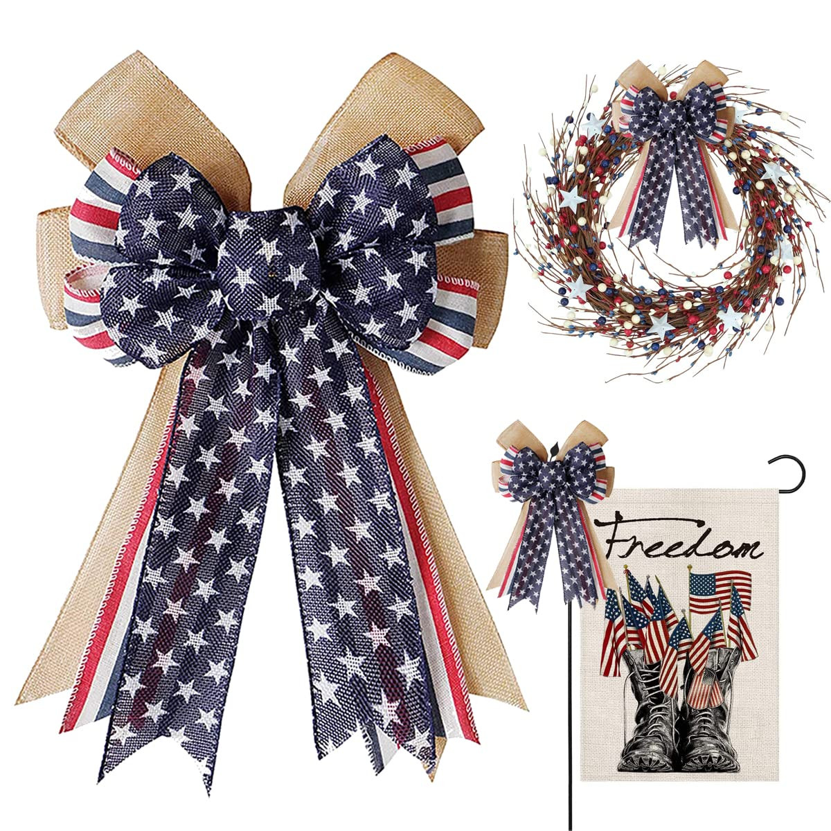 Patriotic Decor Bows for Wreaths,Burlap Red White Blue Stripe Stars Tree Topper Bow for 4th of Ju... | Amazon (US)