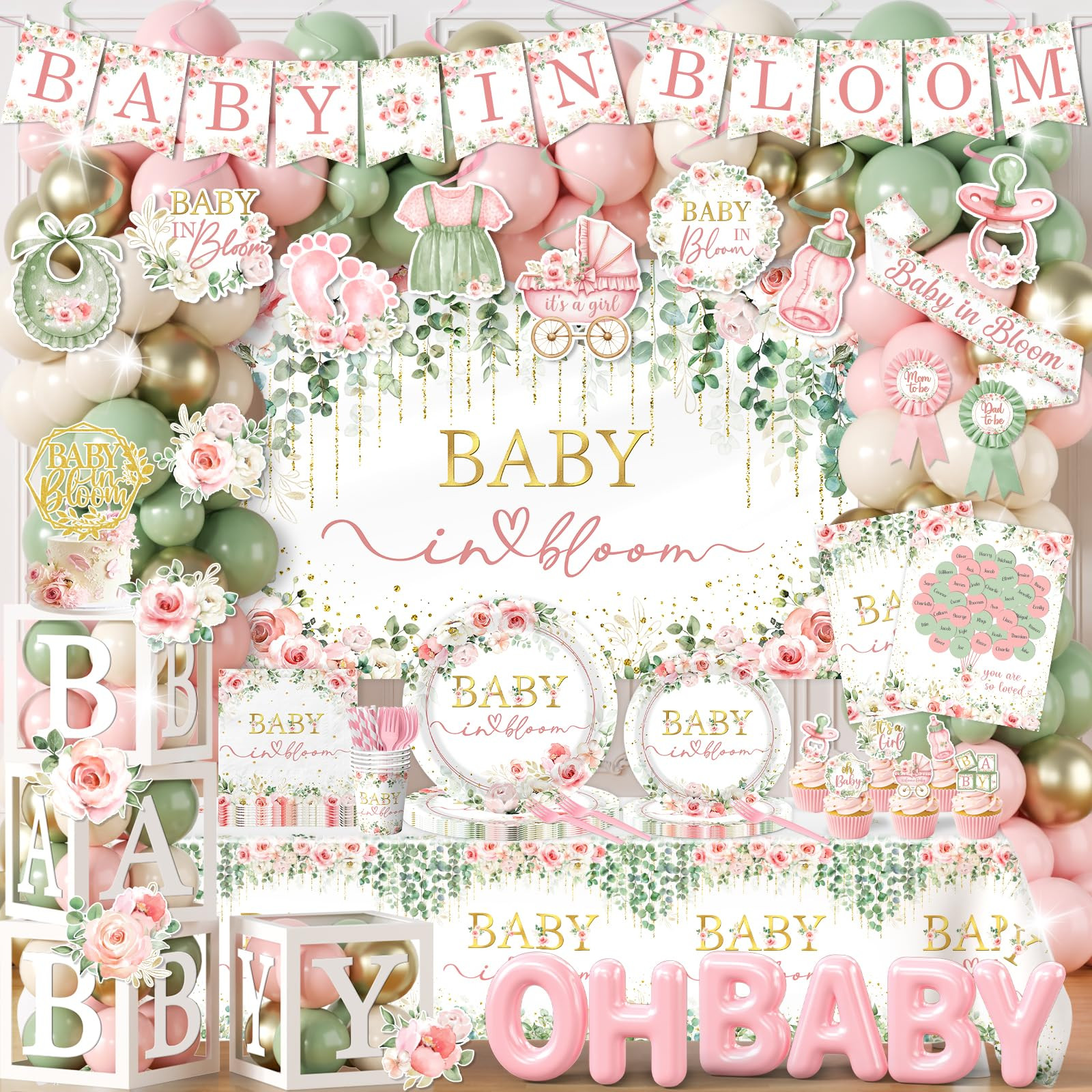 Floral Baby In Bloom Baby Shower Decorations,283pcs Spring Baby Shower Decorations Plates and Napkins Cups Banner Backdrop Tablecloth Cake Topper Balloon for Wildflower Baby In Bloom Shower Supplies | Amazon (US)
