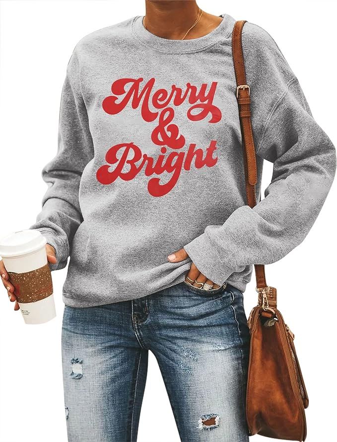 MYHALF Merry And Bright Sweatshirts Women Merry Christmas Shirt Xmas Casual Long Sleeve Tops | Amazon (US)