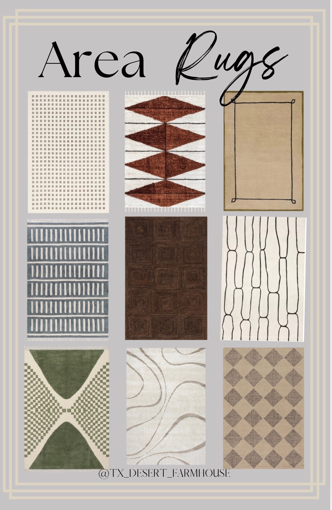 Trendy Area Rugs 

Tova Tufted Diamond Rug
Monda Moroccan Bohemian Hand Woven Rug
Serge Bordered Wool Rug by Nate Berkus
Lambertville Plush Textured Washable Rug
Merrick Tasseled Cotton Rug
Shaggy Curves Rug
Juniper Jute Tiled Rug
Alexia Diamond Tasseled Rug
Nazco Abstract New Zealand Wool Rug | Charcoal

Area rug for living room rug for bedroom guest room rug area rug abstract rug abstract carpet modern design rug for contemporary bedroom design decor art deco rug art design style 

#arearug #rug #carpet #abstracteug #modernarearug #homeinterior #midcenturymodern #contemporaryrug #contemporarystyle 

#LTKSaleAlert #LTKdayinmylife #LTKHome