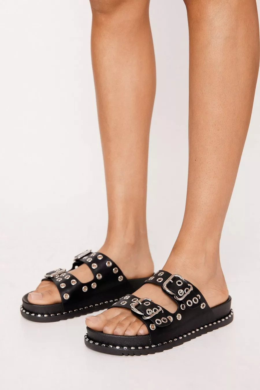 Stud & Buckle Detail Double Strap Sandals | Nasty Gal (US)