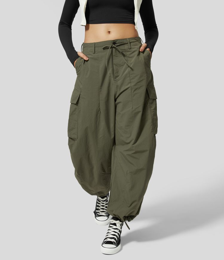 Mid Rise Drawstring Button Zipper Multiple Pockets Casual Cargo Joggers | HALARA