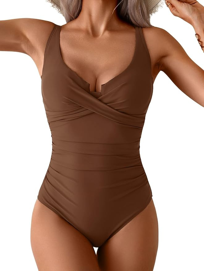 B2prity Women's Underwire One Piece Swimsuit Tummy Control Ruched Bathing Suit Criss Cross V Neck... | Amazon (US)