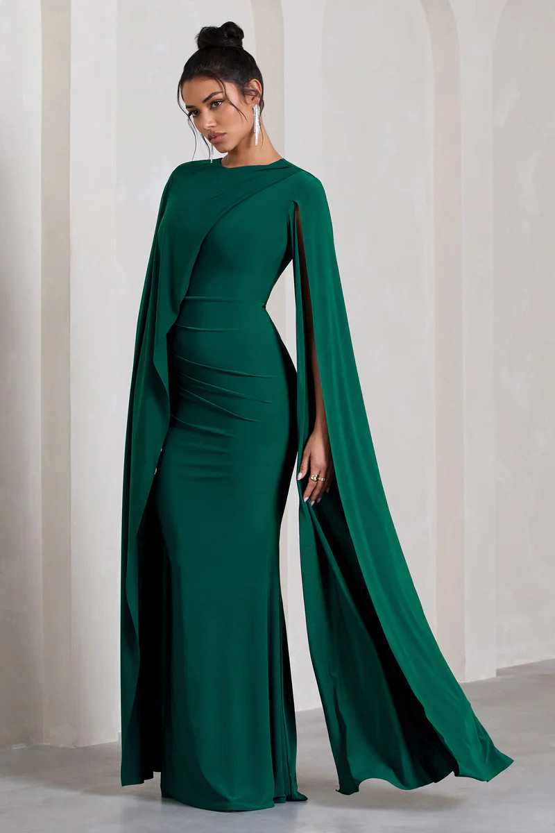 Magdelena | Bottle Green Asymmetric Cape Maxi Dress | Club L London