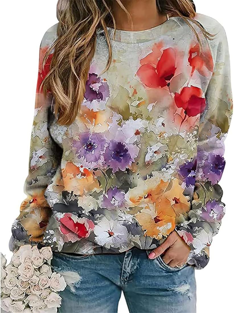 Fronage Women's Floral Printed Sweatshirt Long Sleeve Crewneck Casual Loose Vintage FLower Graphi... | Amazon (US)