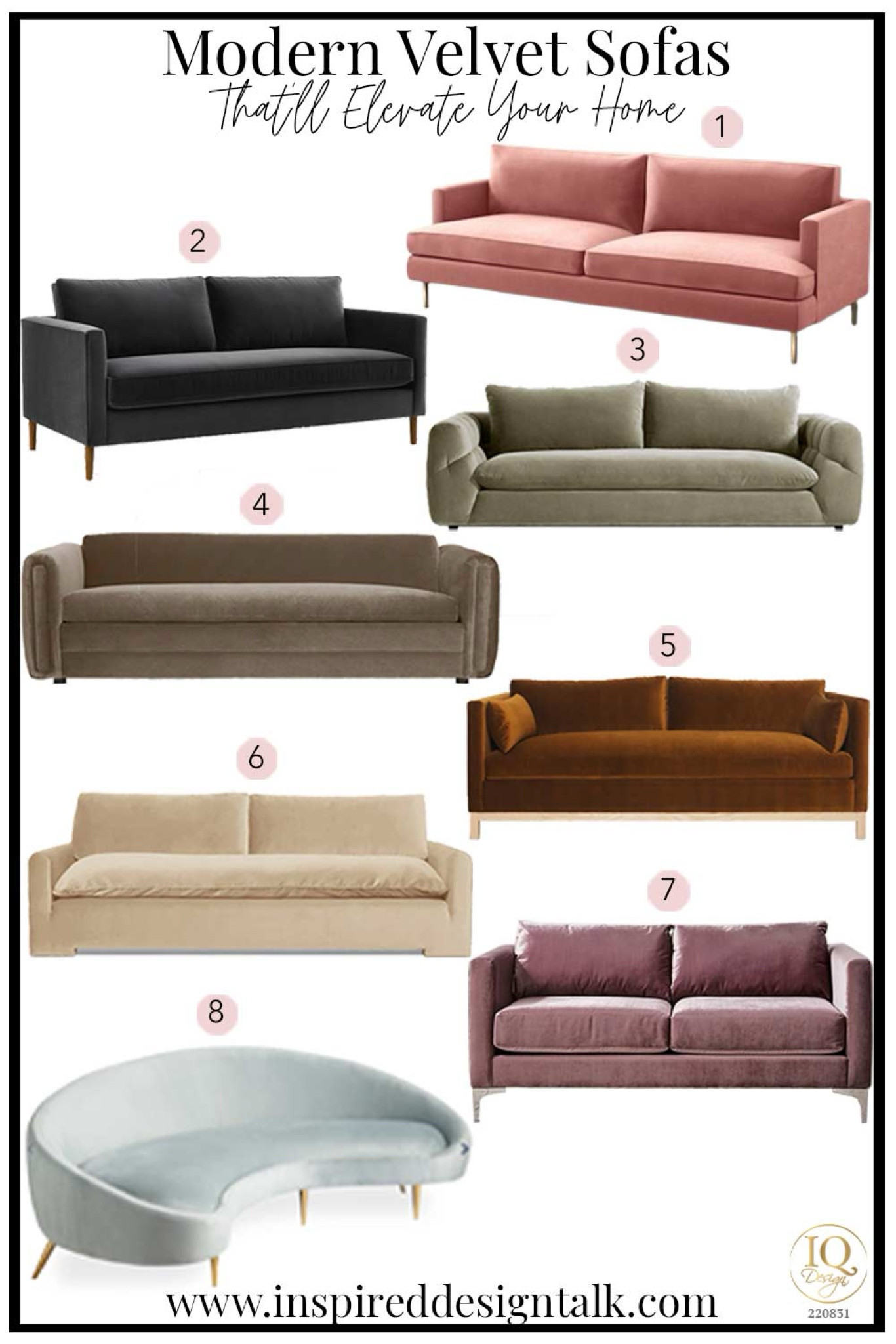 Living Room Modern Velvet Couches // 1. Bowen Velvet Sofa // 2. Harris Loft Sofa // 3. Tufted Arm Velvet Sofa // 4. Toffee Sofa // 5. Cognac Velvet Sofa // 6. Neutral Couch // 7. Morrison Metal Base Sofa // 8. Ether Curved Sofa

#LTKover40 #LTKstyletip #LTKhome