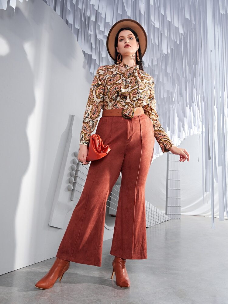 SHEIN Plus Seam Front Suedette Flare Leg Pants Without Belt | SHEIN
