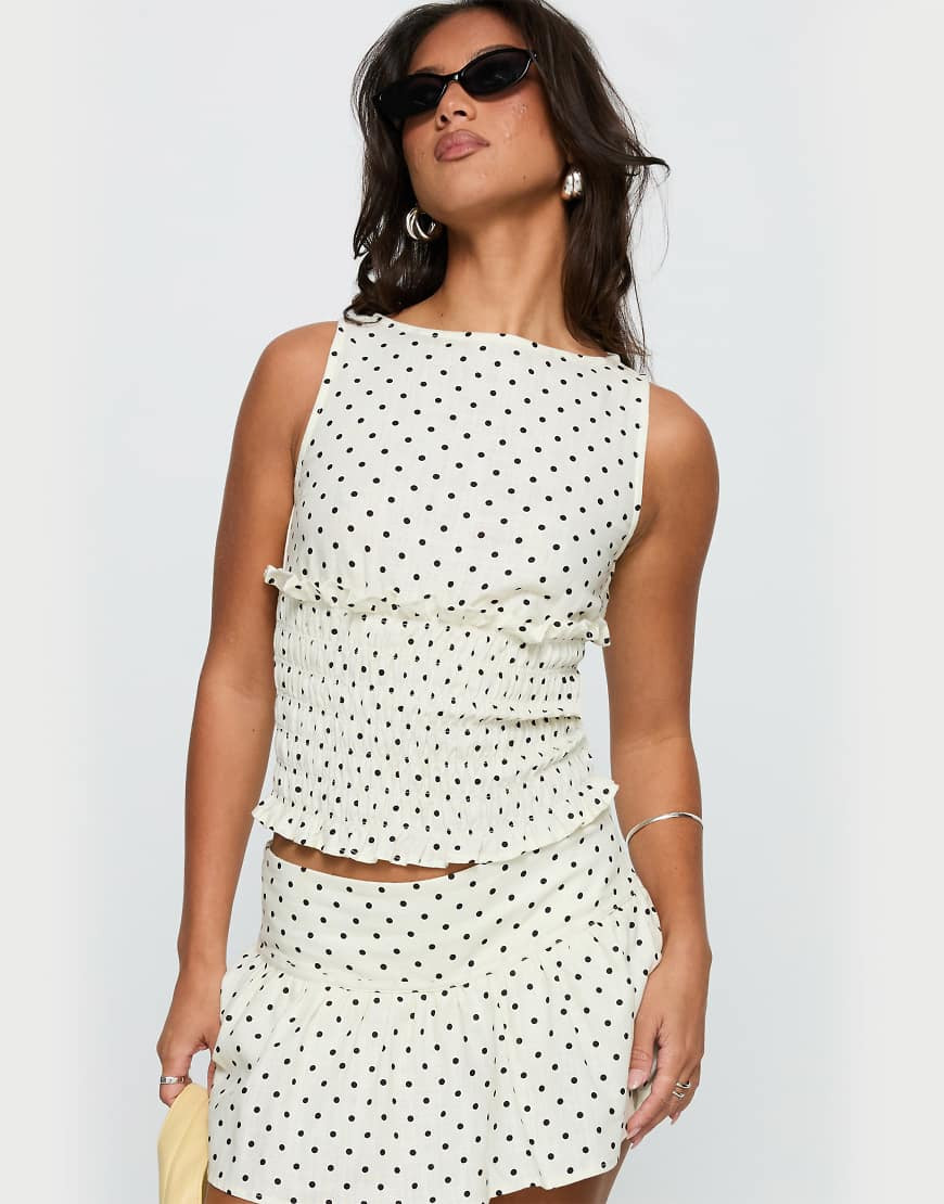 Princess Polly Tovie linen blend drop waist detail mini skirt co-ord in white polka dot | ASOS (Global)