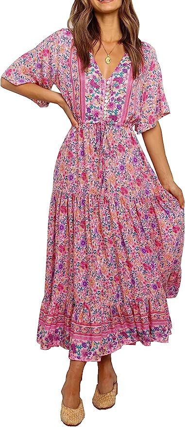 R.Vivimos Womens Summer Floral Print Cotton Short Sleeve Flowy Dress | Amazon (US)