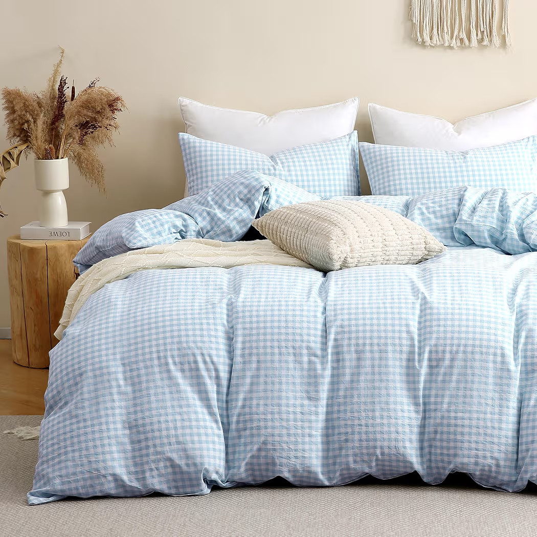 TOCOMOA Sky Blue Gingham Duvet Cover Bedding Set 100% Washed Cotton Like Linen Feel Super Soft Co... | Amazon (US)