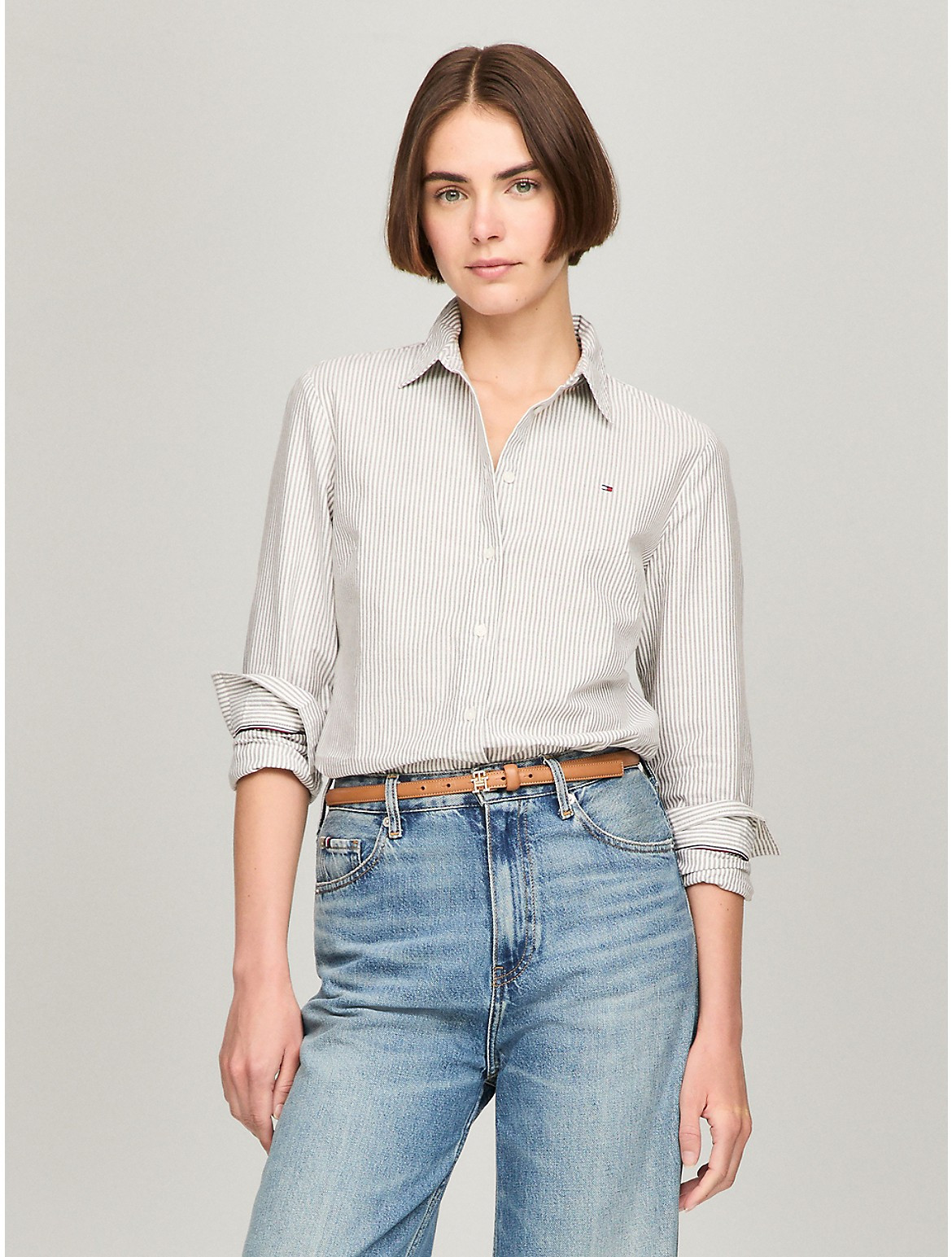Tommy Hilfiger Women's Stripe Stretch Oxford Regular Fit Shirt - Green - S | Tommy Hilfiger (US)