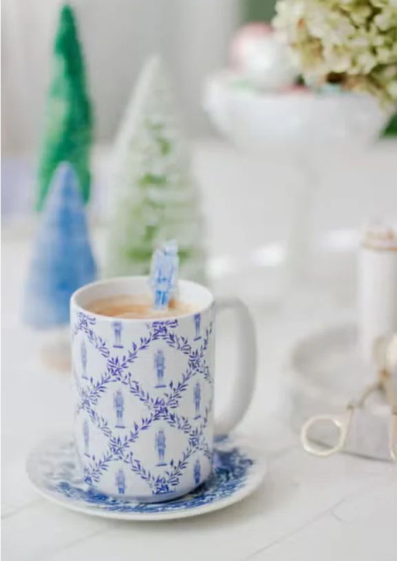 Grandmillennial Blue and White Nutcracker Trellis Watercolor Mug | Sorelle Gifts