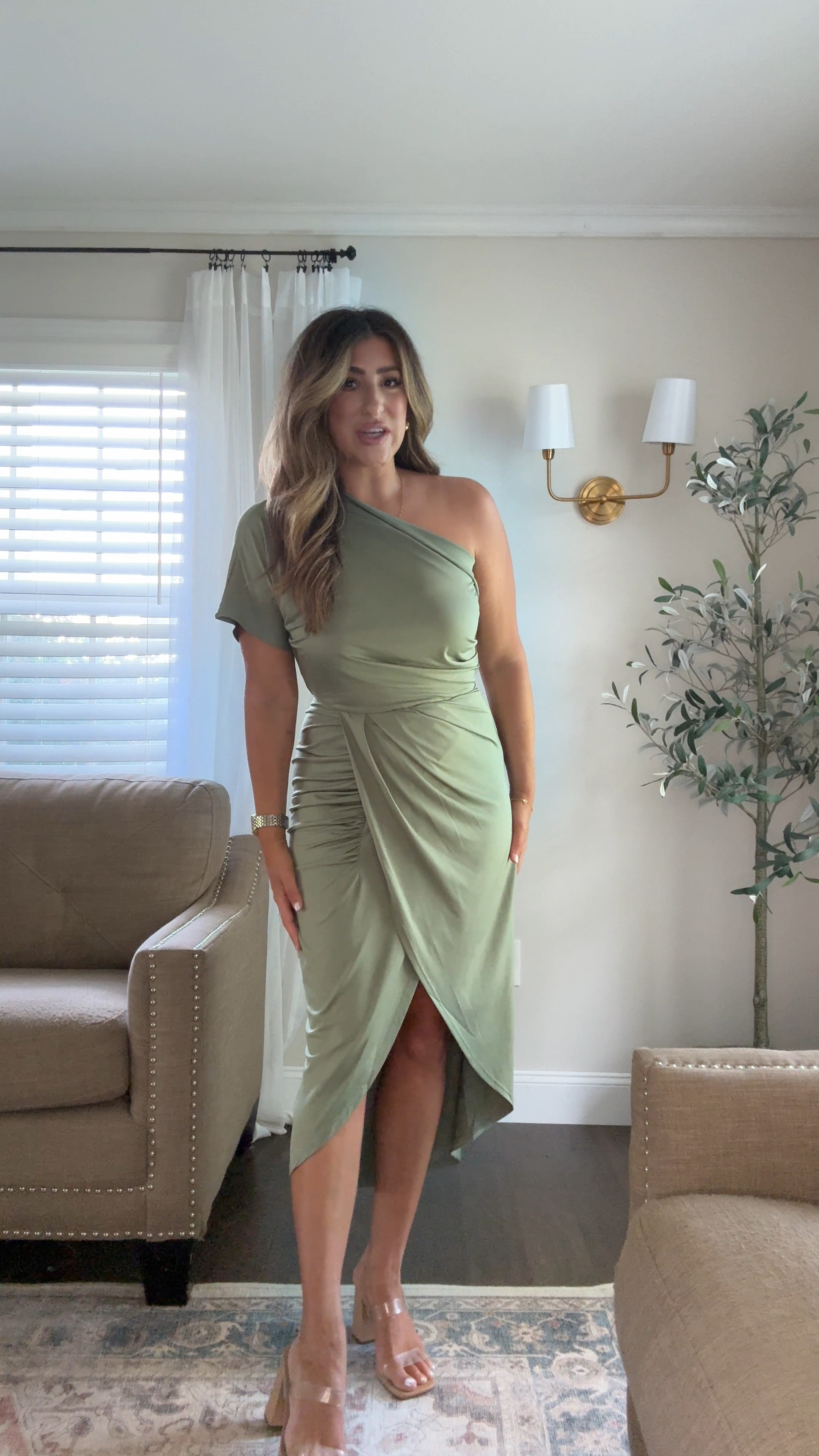 Pretty sage green dress. Wedding guest dress. Special occasion dress. Resort wear. Wearing med. use code LAURENHORNSTYLE15. 

#LTKWedding #LTKFindsUnder100 #LTKParties