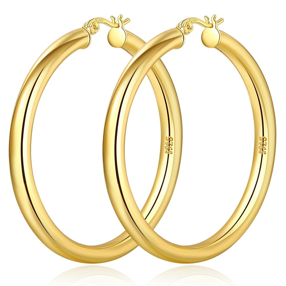 8mm Chunky Gold Hoop Earrings Hypoallergenic 925 Sterling Silver Hollow Tube Hoop Earring Lightwe... | Amazon (US)