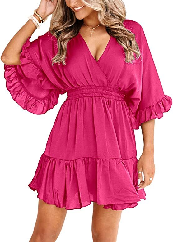 Aoysky Womens V Neck Casual Dresses Summer Loose High Waist Ruffle Pleated Cute Mini Short Dress | Amazon (US)