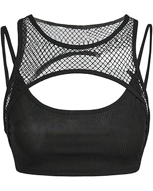 WDIRARA Women's Cut Out Tank Tops Sheer Mesh Fishnet Sleeveless 2 in 1 Crop Top Clubwear | Amazon (US)