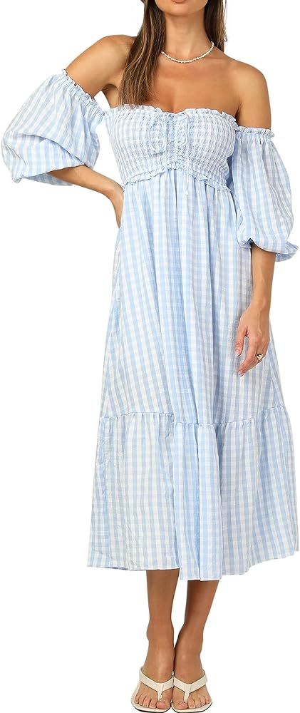 R.Vivimos Summer Dress for Women Cotton Plaid Puff Sleeves Boho Off-Shoulder Casual Ruffled Flowy... | Amazon (US)