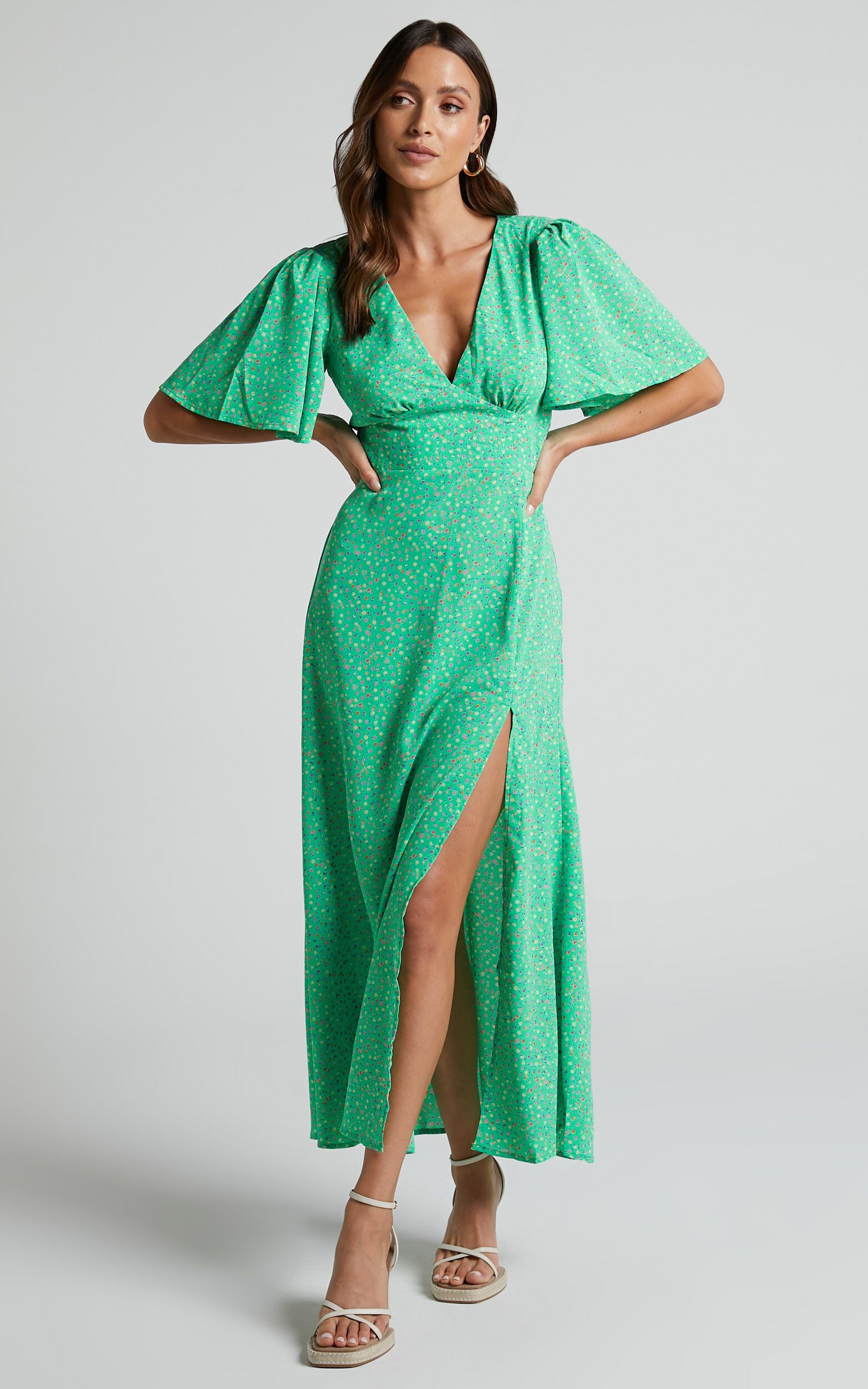 Feliza Plunge Neck Flutter Sleeve Cut Out Back Midi Dress in Green Floral | Showpo (US, UK & Europe)