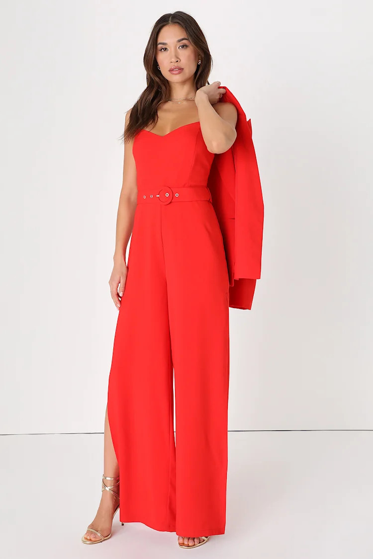 All Dressed Up Red Belted Two-Piece Jumpsuit and Blazer Set | Lulus (US)