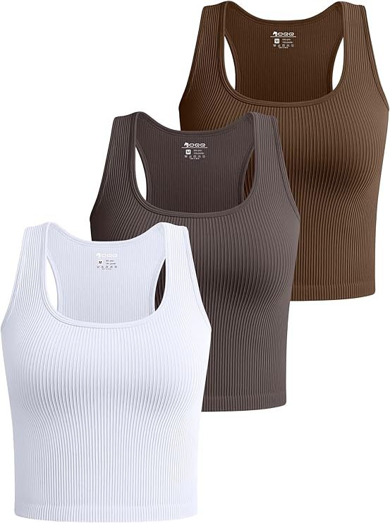 OQQ Women's 3 Piece Crop Tank Tops Ribbed Seamless Workout Sleeveless Shirts Racerback Crop Tops | Amazon (US)