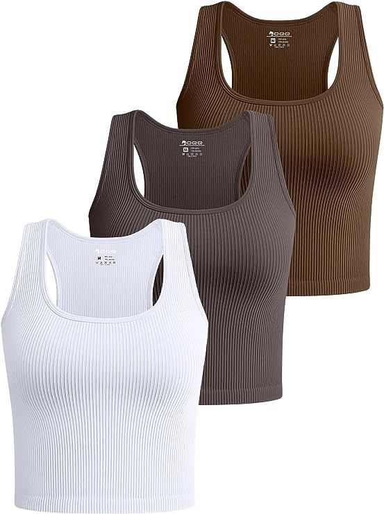 OQQ Women's 3 Piece Crop Tank Tops Ribbed Seamless Workout Sleeveless Shirts Racerback Crop Tops | Amazon (US)