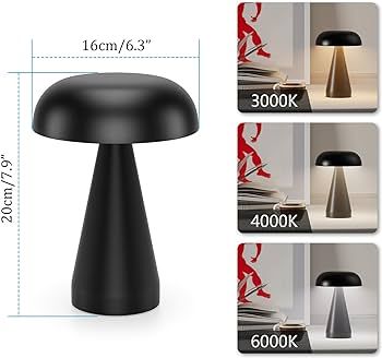 Ralbay Cordless Mushroom Table Lamp, Rechargeable Battery Operated Metal Black Lamp, Small Mushro... | Amazon (US)