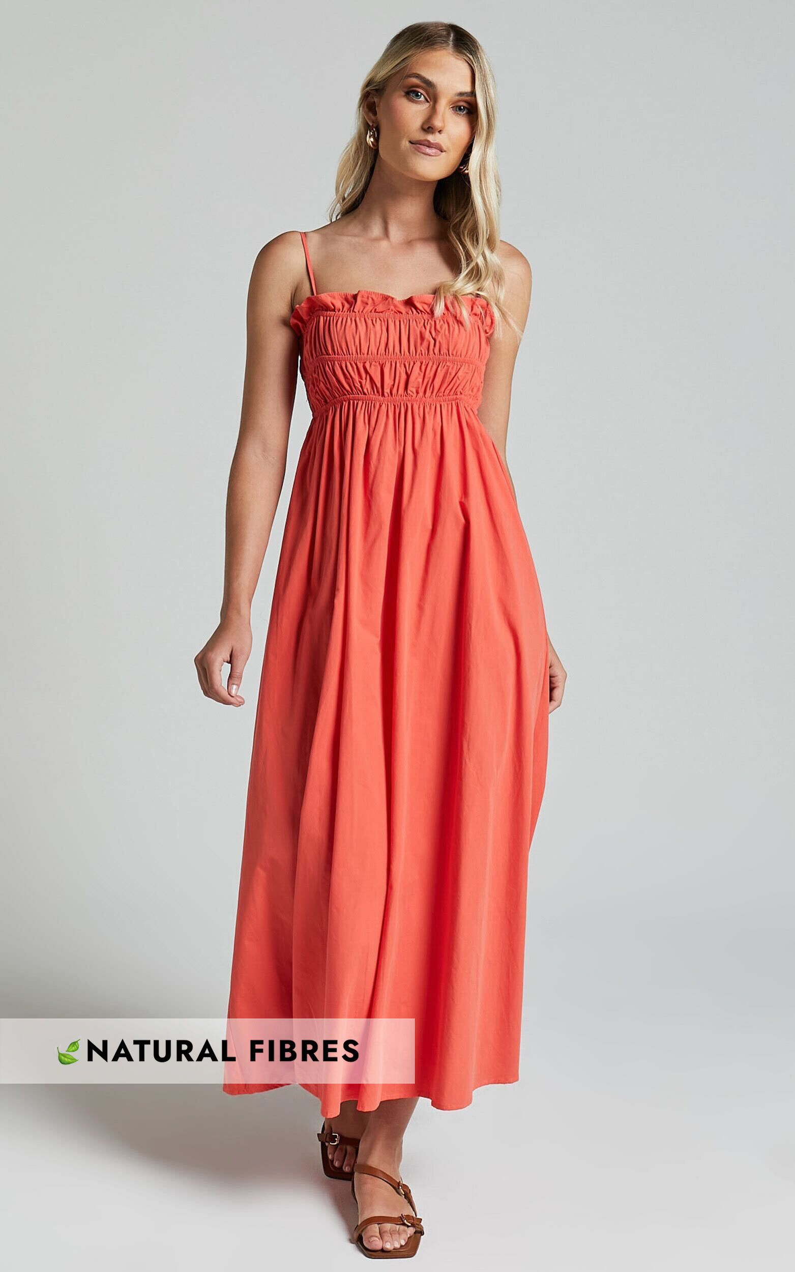 Aurora Midi Dress - Straight Neckline Sleeveless Dress in Orange Red | Showpo (US, UK & Europe)