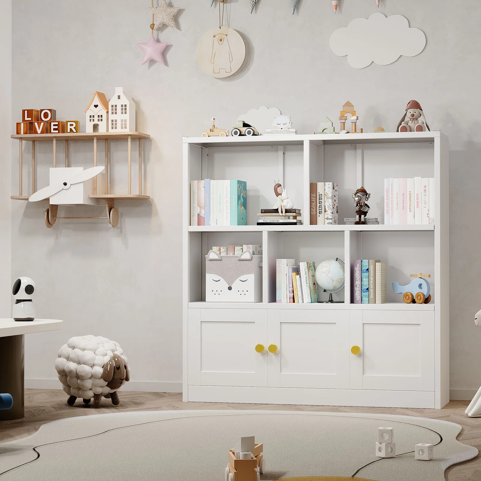 Freestanding Corner Metal Kids Bookshelf Bookcase with 3 Doors and 5 Open Cubbies | Wayfair North America