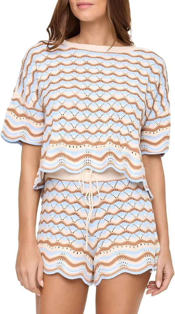 Crochet Sets Two Piece Women Y2k Striped Short Sleeve Hollow Out Top Ruffled Drawstring Shorts Se... | Amazon (US)