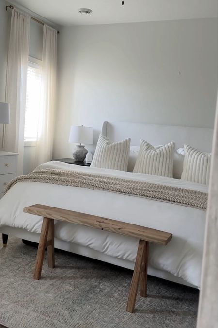 Curtains are in the color “natural”
Duvet cover is “white”
Bed pillows are “white”

Neutral bedroom decor, skinny wood bench, black nightstands, white bedding, apartment bedroom, white bed

#LTKfindsunder50 #LTKhome #LTKfindsunder100