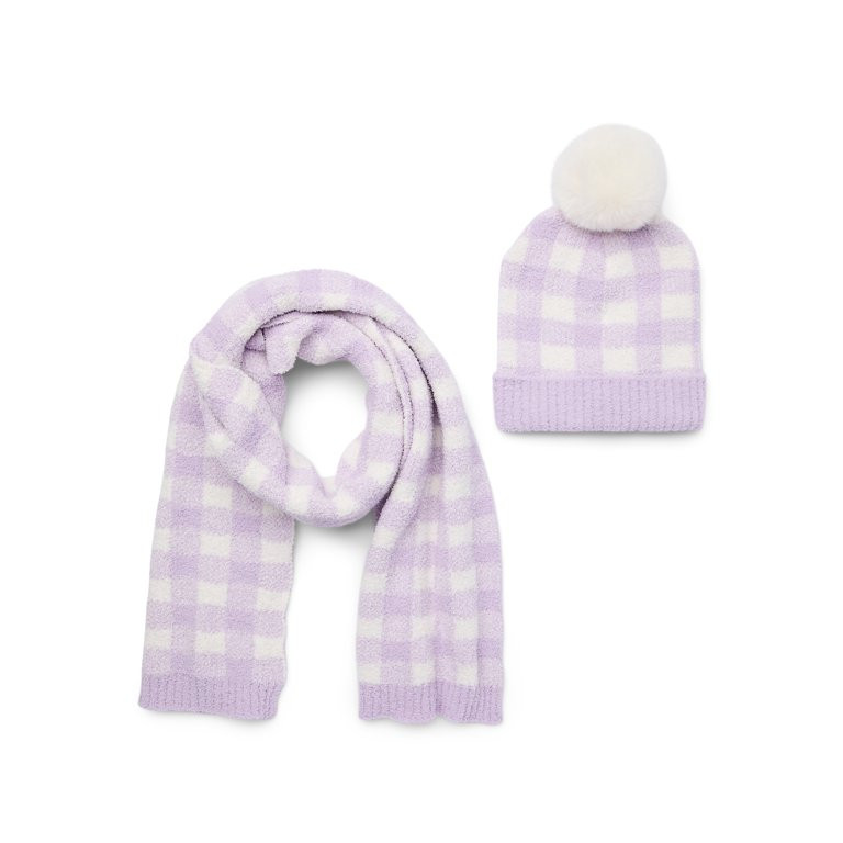 Time and Tru Women's Cozy Plaid Beanie and Winter Scarf 2-Piece Gift Set, Lavender Linen | Walmart (US)