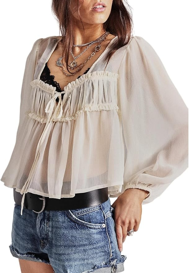 Women Tie Front Long Sleeve Top Square Neck Loose Blouse Chiffon Flowy Boho Peplum Shirt Going Ou... | Amazon (US)