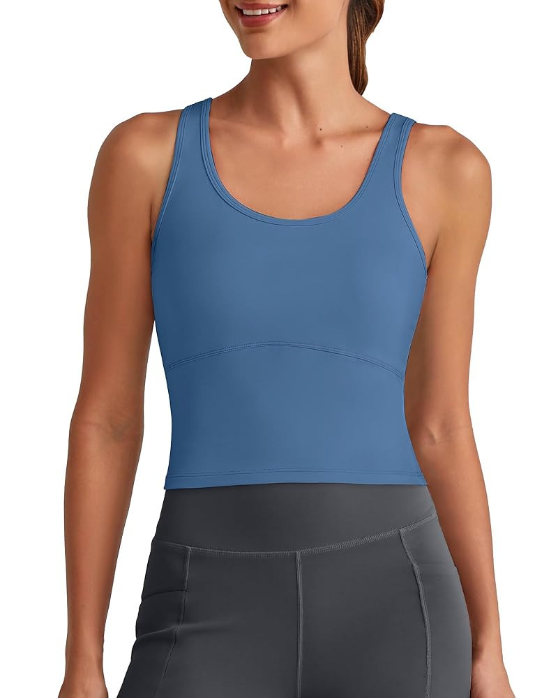 G4Free BareFeel Built in Bra Workout Tank Tops Removable Padded Longline Sports Bras Waist Length... | Amazon (US)