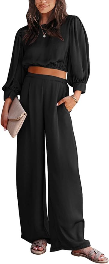 PRETTYGARDEN Women's 2 Piece Satin Outfits 2023 Spring Casual Puff Sleeve Crop Tops Blouse and Lo... | Amazon (US)