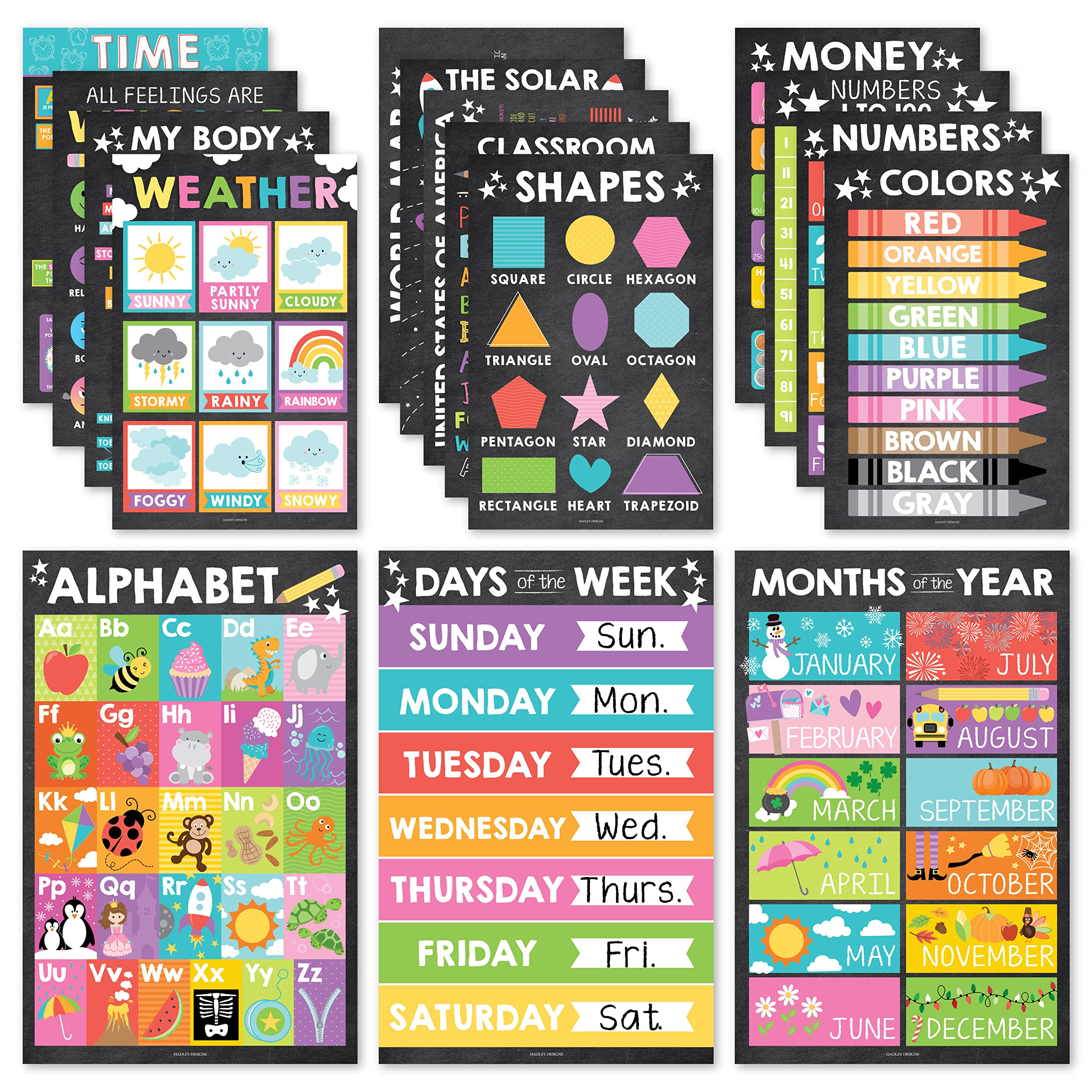 Hadley Designs 16 Educational Posters for Classroom & Kindergarten, Kindergarten Classroom Must H... | Amazon (US)