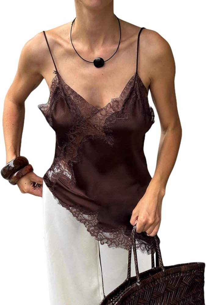 Women Lace Trim Satin Tank Top V Neck Silk Camisole Tops Asymmetrical Backless Spaghetti Strap Ta... | Amazon (US)