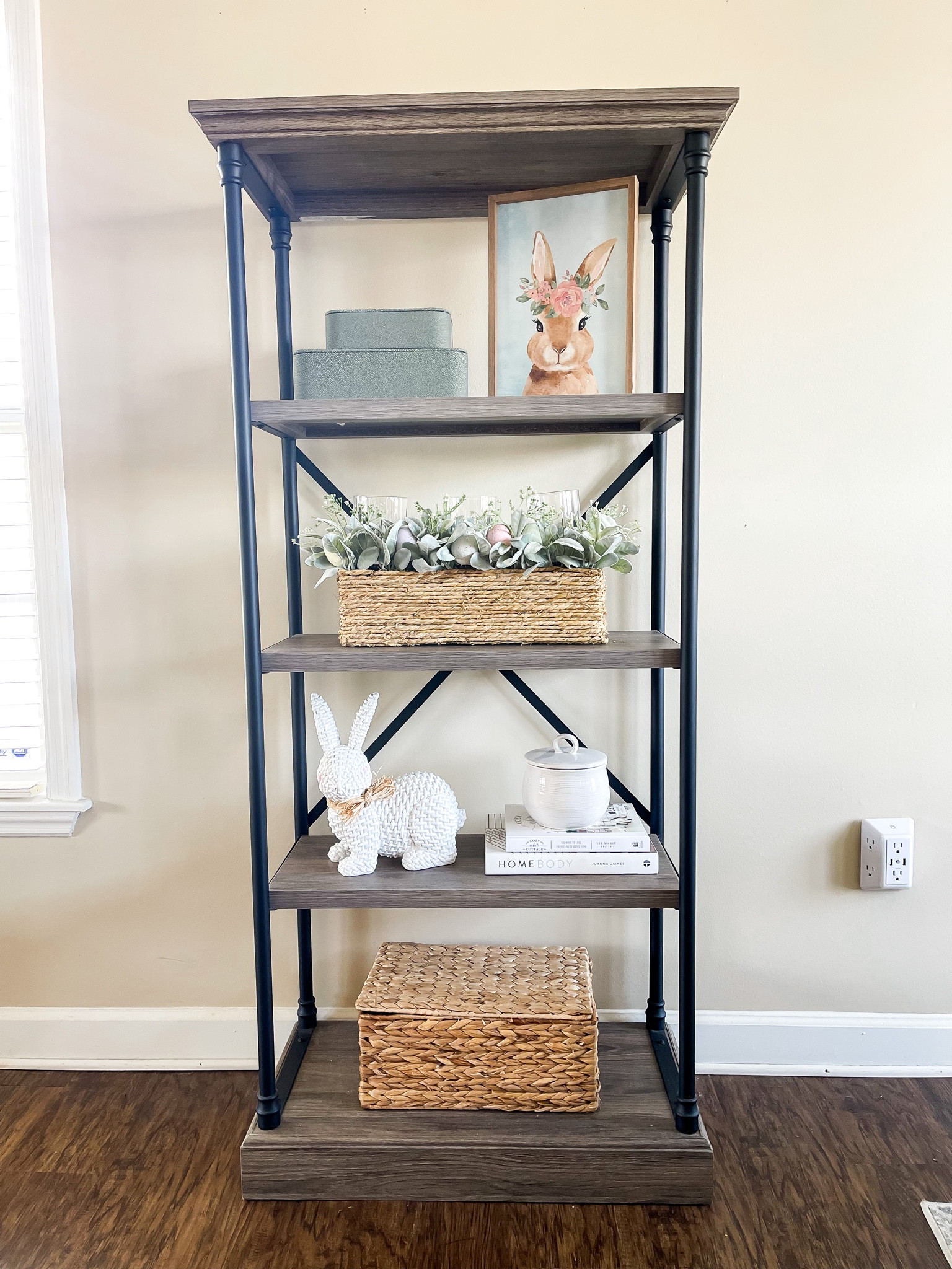 Easter shelf styling. Easter home decor. Spring decor. Spring bookshelf. Easter bookshelf. Stacked boxes. White bunny. Basket weave Easter bunny. Easter bunny art print  

#LTKsalealert #LTKSeasonal #LTKhome