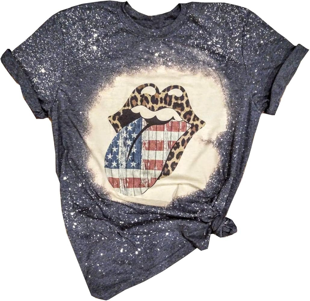 American Flag Bleached T-Shirt Women 4th of July Patriotic Shirt Funny Leopard Lips Stars Stripes... | Amazon (US)