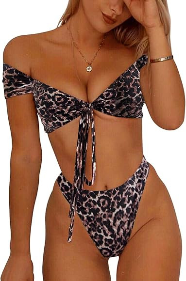 PRETTYGARDEN Women's Two Pieces Leopard Print Knot Front Crop Off-Shoulder High Cut Bandeau Bikin... | Amazon (CA)