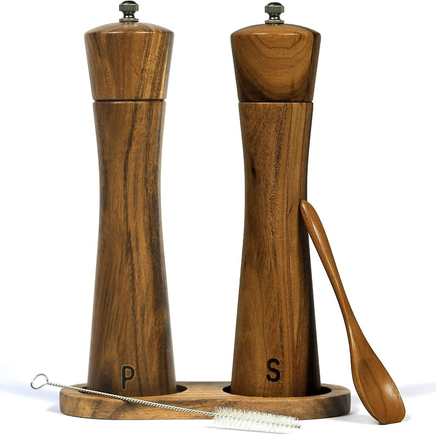 Finnhomy Salt and Pepper Grinder Set, Acacia Wood Adjustable Coarseness Pepper Mill with Wooden S... | Amazon (US)