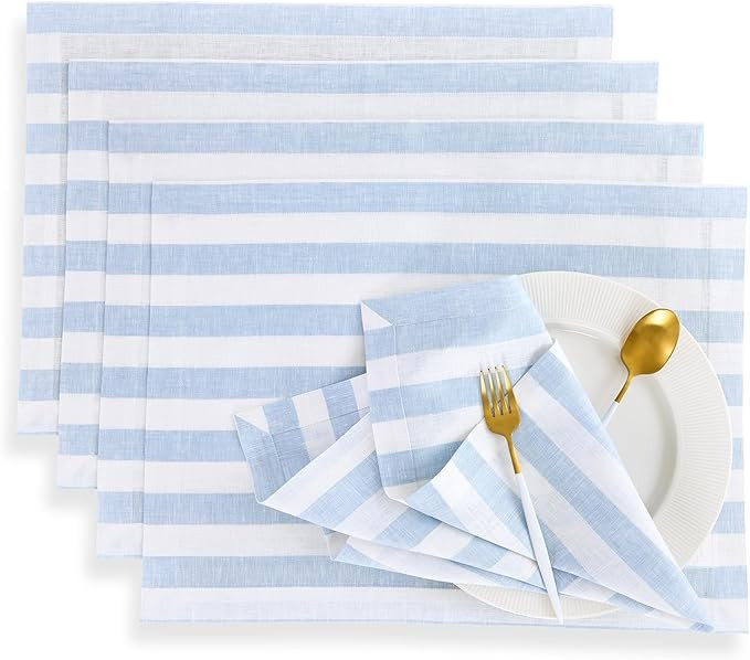Solino Home Linen Placemats Set of 4 - Sorrento Stripe Blue and White Placemats 14 x 19 Inch - 10... | Amazon (US)