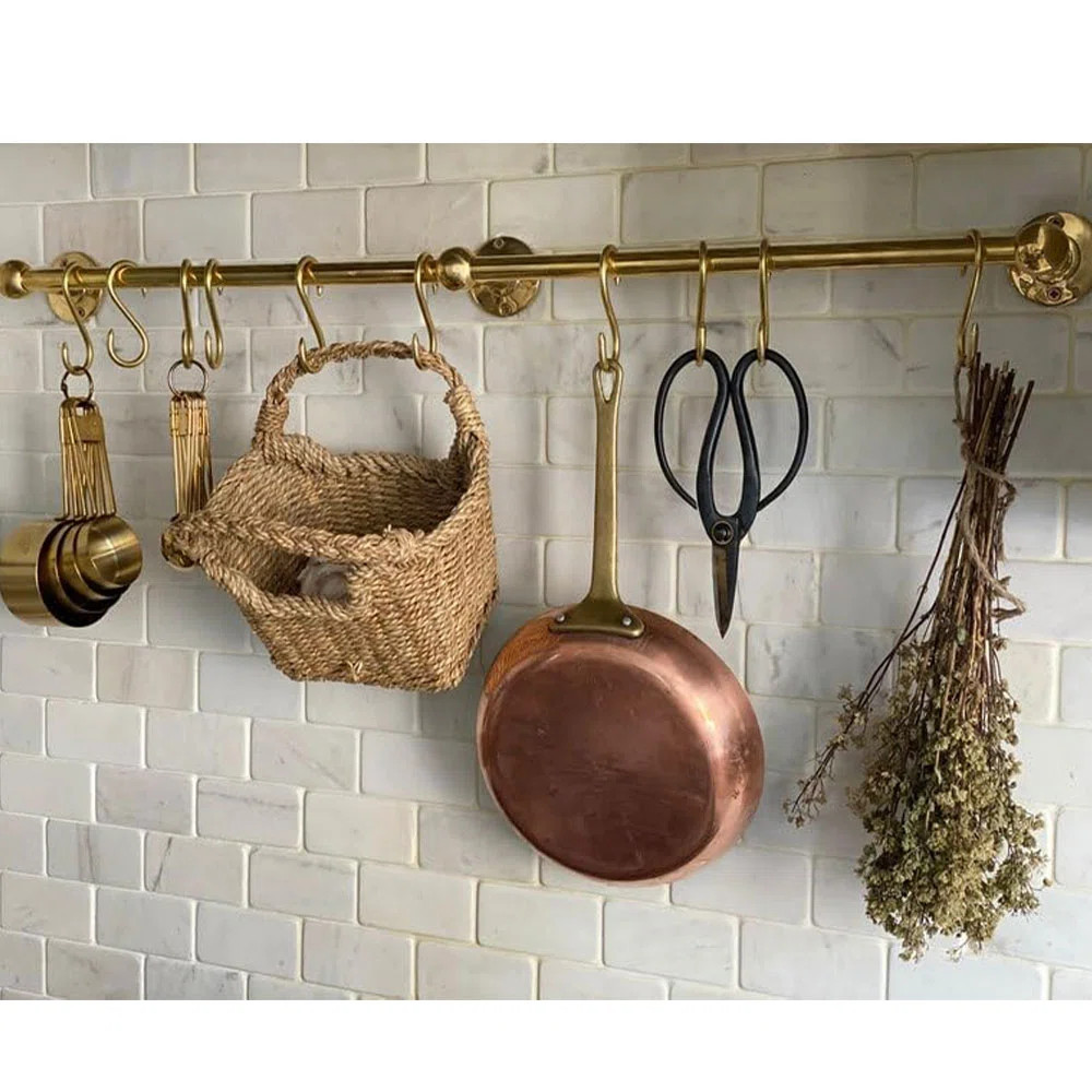 Rebrilliant Handmade Unlacquered Brass Storage Rail Rack With Hooks Wall Mounted Organizer Kitche... | Wayfair North America