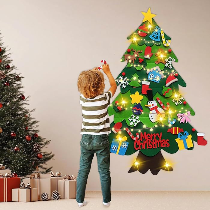Felt Christmas Tree for Toddlers, 3.2ft Wall-Mounted Tree with 32 Ornaments & LED String Light, W... | Amazon (US)
