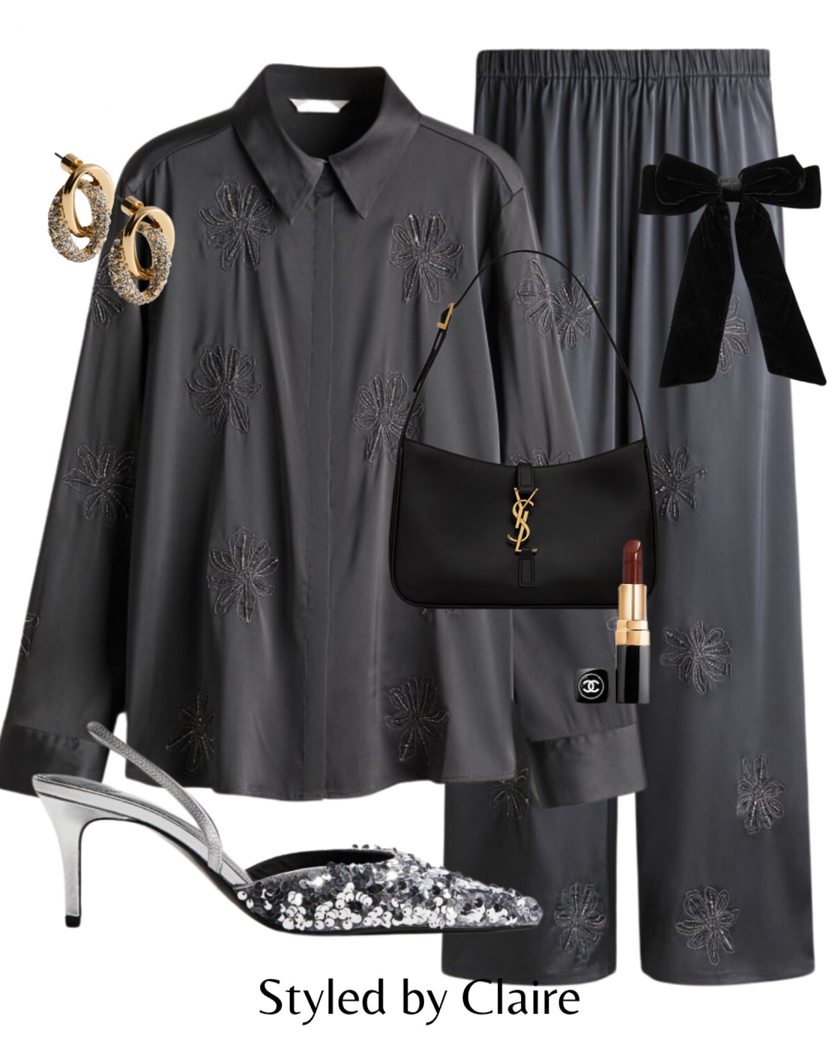 Work Night Out🥂
Tags: embellished sequin shirt and trousers grey slingback heel H&M earrings bow YSL bag Chanel lipstick chic women’s fashion inspo outfit ideas Christmas party new year eve Parisian city break silver

#LTKstyletip #LTKshoes #LTKpartywear