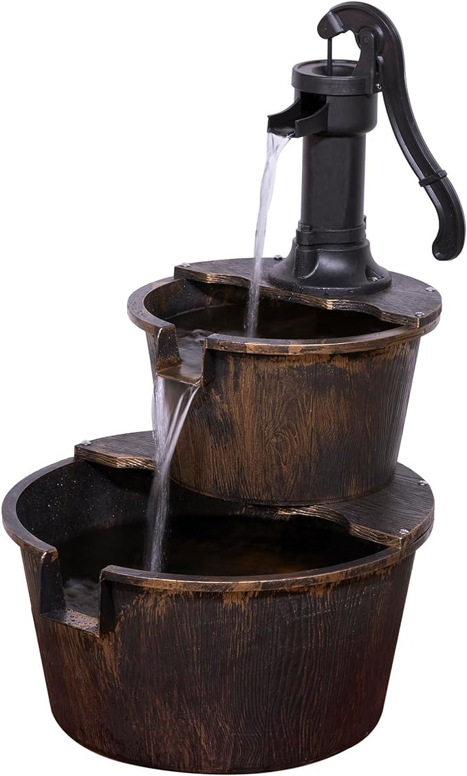 Alpine Corporation 27" Tall Rustic Outdoor 2-Tier Barrel Pump Water Fountain with Soothing Cascad... | Amazon (US)