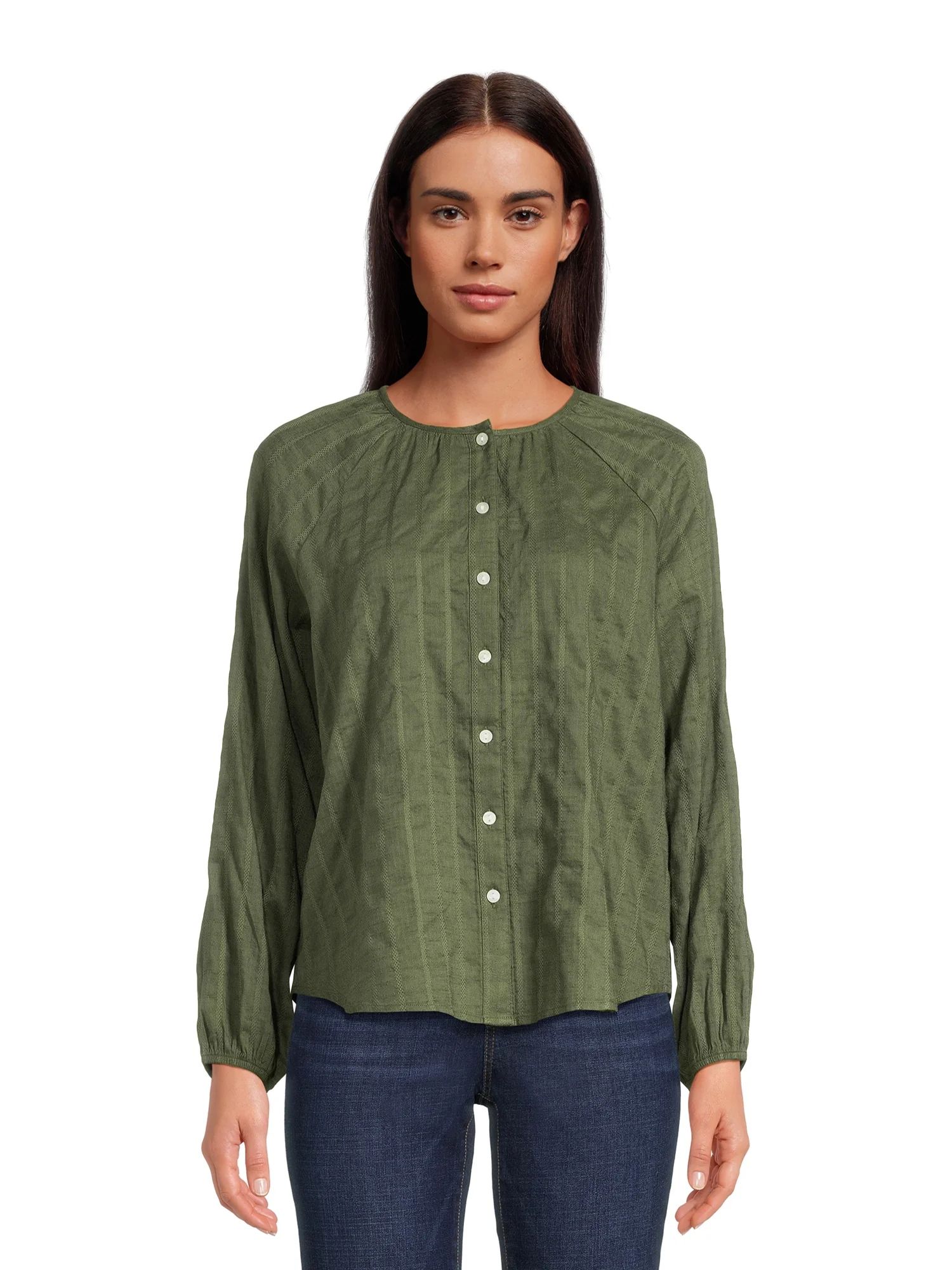 Time and Tru Women's Button Front Blouse with Long Sleeves, Sizes XS-XXXL - Walmart.com | Walmart (US)