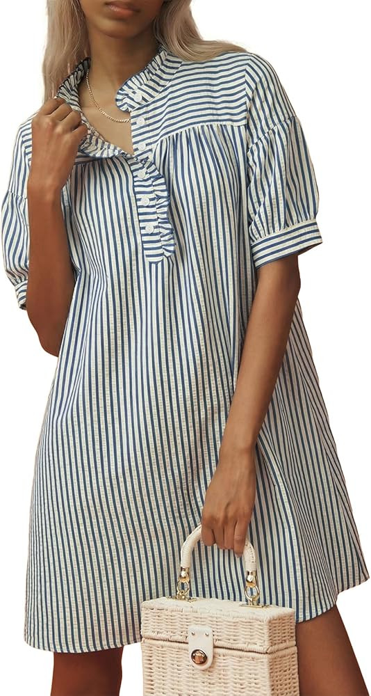 BLENCOT Womens Button Down Shirt Dresses Casual Striped Cotton Stand Collar Ruffle Puff Sleeve Su... | Amazon (US)