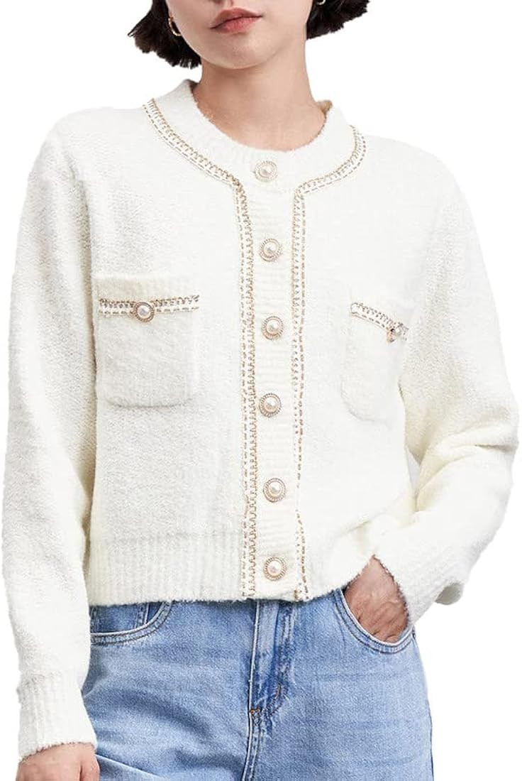 URBAN REVIVO Women's Casual Cardigans Open Front Cardigan Pearl Button Slim Fit Vintage Long Slee... | Amazon (US)